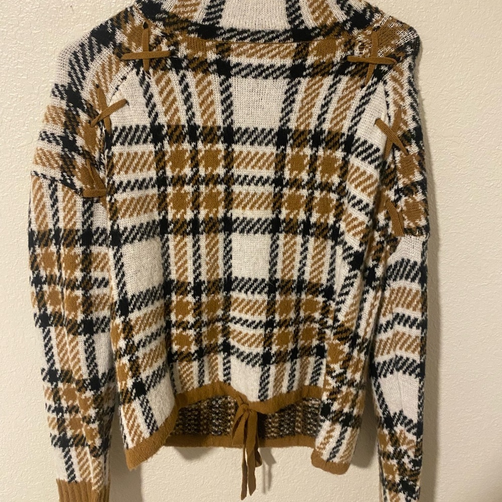 No Boundaries Plaid Cowl Neck Sweater in Black, White, and Brown
